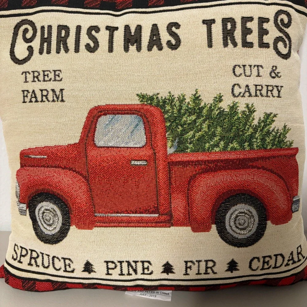 Christmas Trees Red Truck Farm Rustic Holiday Decorative‎ Pillow Accent 17x17